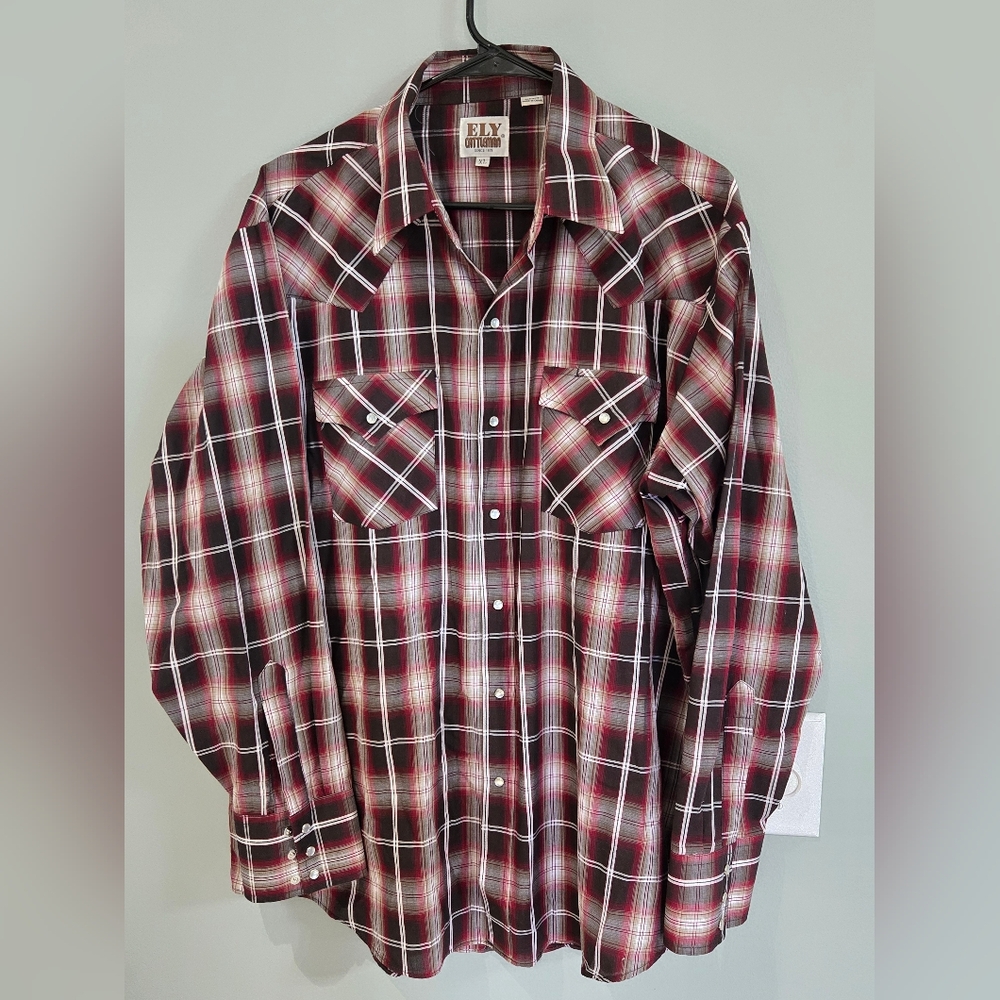 Ely Cattleman Shirt Mens XL Red Plaid Pearl Snaps Western Cowboy